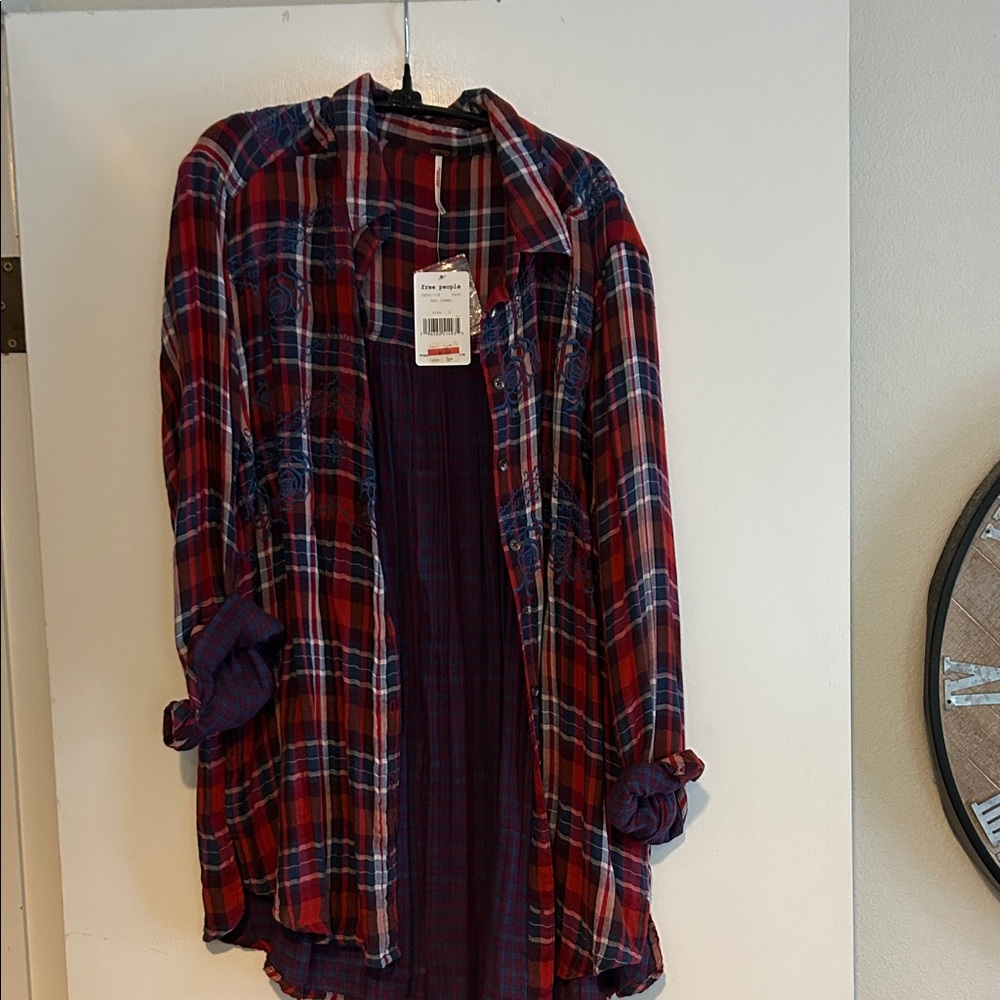 Free People Red and Blue Plaid Button Down Shirt Embroidered front and back